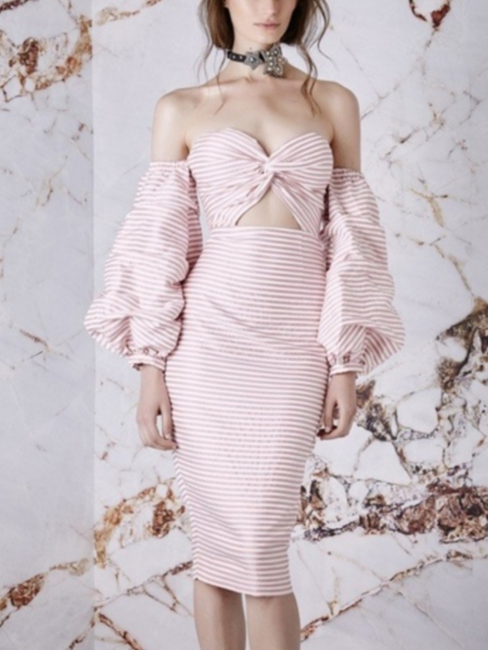 Beluah Style Pink White Striped Off The Shoulder Dress